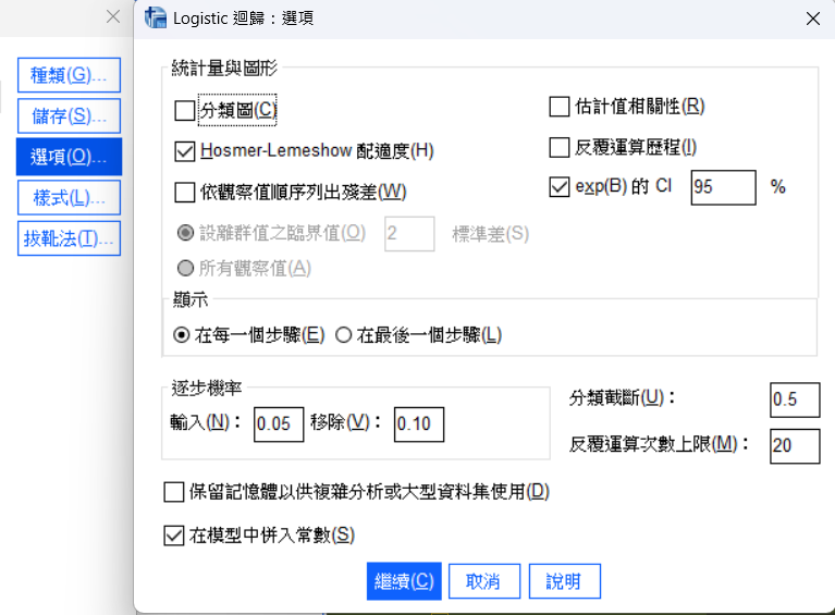 SPSS Logistic 迴歸選項:勾選 Hosmer-Lemeshow 配適度與 exp(B) 的 CI 95%